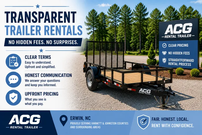 Clean utility trailer with clear rental terms and upfront pricing in North Carolina.