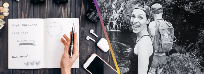 A split photo showing a travel planning notebook, airpods and a camera and a photo of a smiling woman on a waterfall hike during the planned vacation