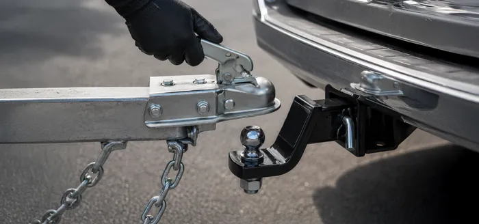 Person connecting a utility trailer hitch to a tow vehicle before towing safely in South Africa