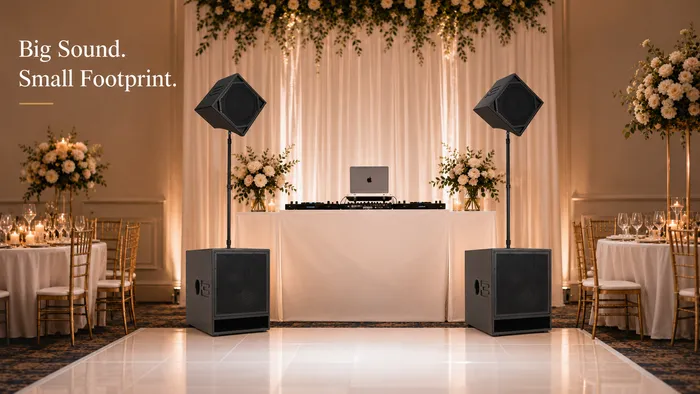 BASSBOSS BB15 subwoofers with DiaMon speakers arranged beside a wedding DJ booth