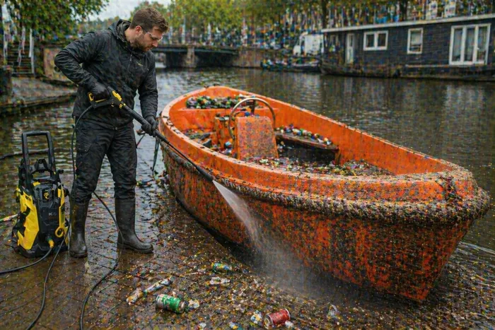 Sloep schoonmaken Amsterdam met hogedrukreiniger algen en vuil verwijderen