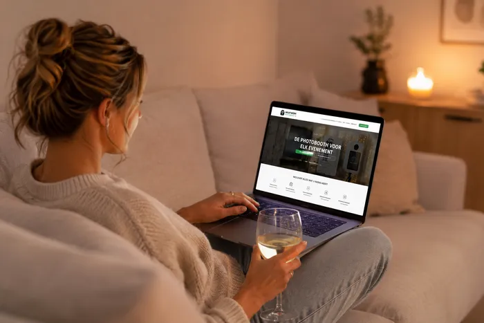 Vrouw van eind twintig zit thuis op de bank met een glas wijn terwijl ze op een laptop een photobooth-website vergelijkt in een warme, gezellige woonkamer.