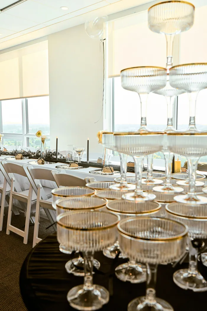Elegant wedding setup with upgraded event rentals including tables, chairs, and décor