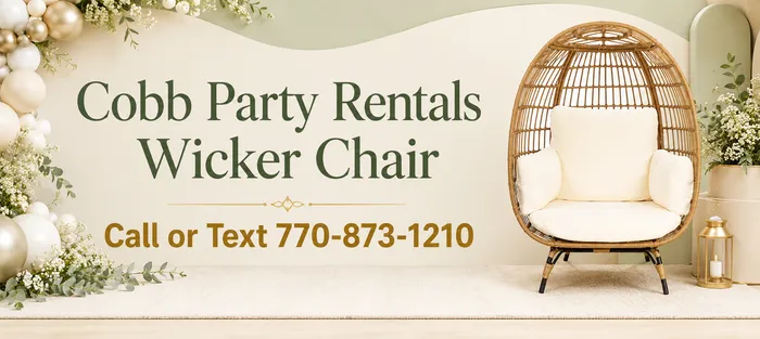 Natural wicker egg chair with cream cushions available for baby shower rentals in Marietta and Metro Atlanta.