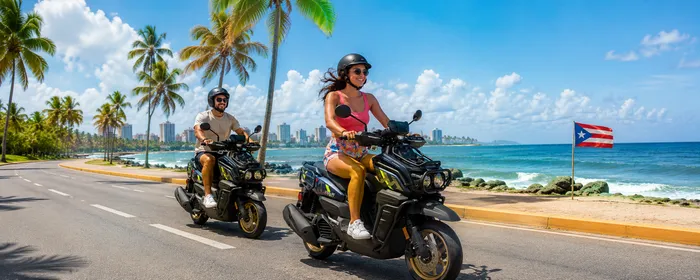 Scooter rental customers riding along the coast in Isla Verde, San Juan, Puerto Rico
