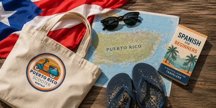 Puerto Rico travel essentials including a Puerto Rico flag, map, sunglasses, sandals, Spanish phrase book and Puerto Rico Scooter Rentals beach bag.