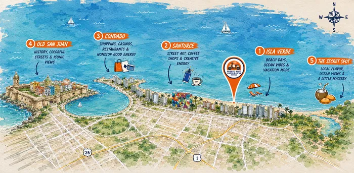 Illustrated map of San Juan's coastline highlighting Isla Verde, Santurce, Condado, Old San Juan and local hidden gems near Puerto Rico Scooter & Can Am Rentals