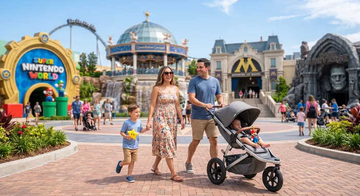 Family Enjoying the Theme park with a stroller